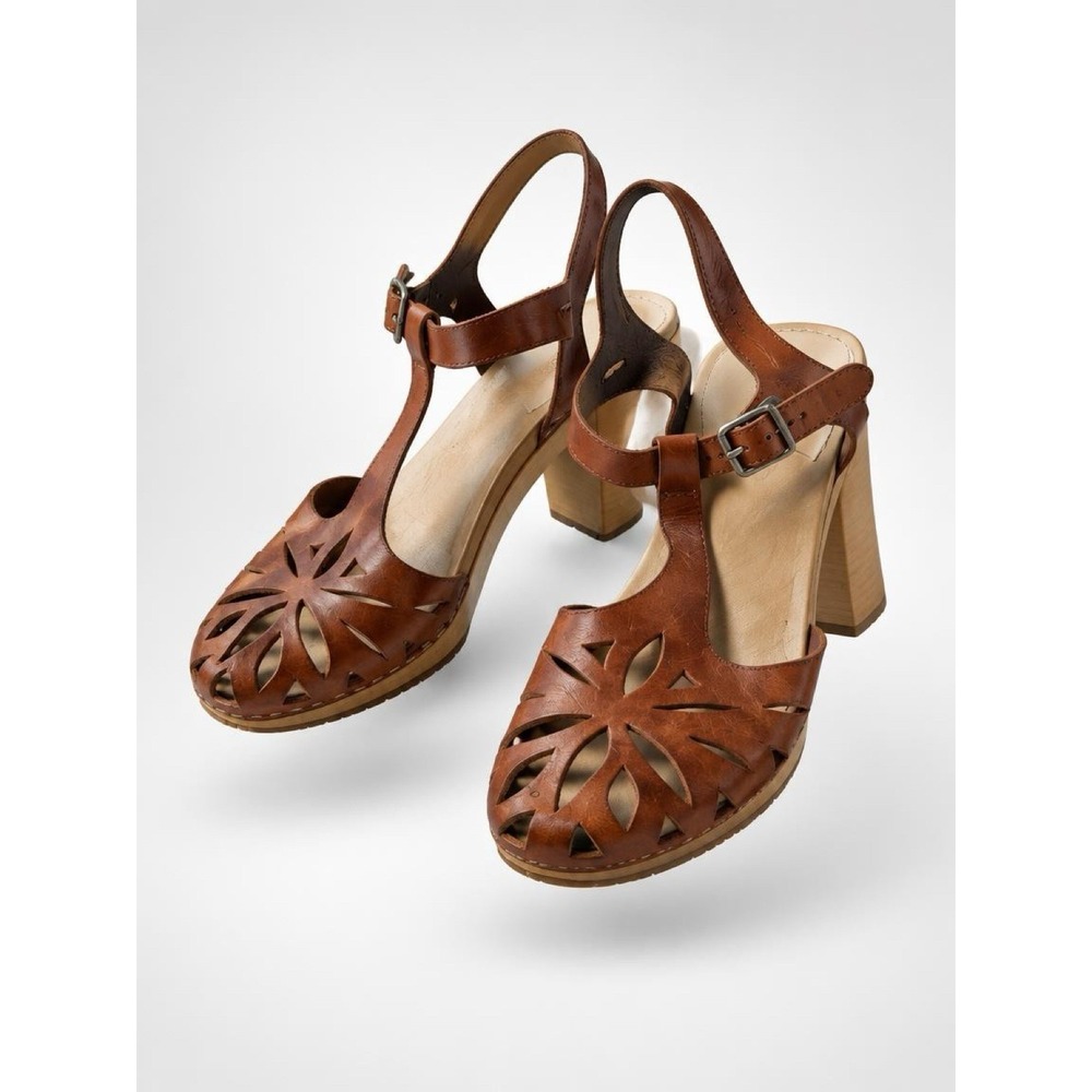 Swedish Hasbeens Brown Leather Platform Block Heel Peep Toe Cut-Out EU 39